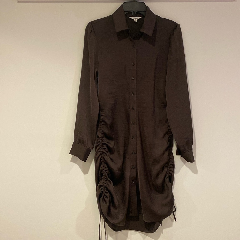 Steve Madden Dark Brown Ruched Button-Front Shirt Dress
